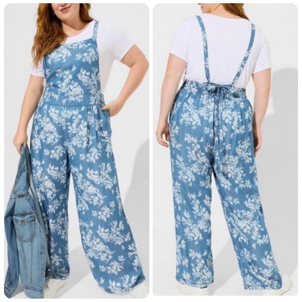 Torrid Lyocell Floral Blue Overalls Women's Plus Size 5X
